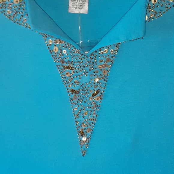 Quaker Factory Top Tunic Gold Sequin Embellished  Turquoise Blue Size Small - Picture 2 of 6